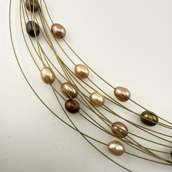 Honora Pearl Necklace Illusion Wire Gold Tone Peach Brown Oval Multi Strand Box - Picture 4 of 14